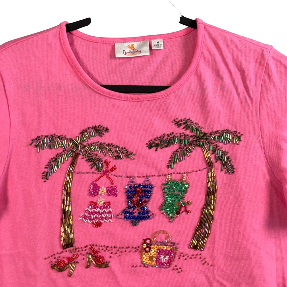 Quacker Factory Beaded Palm Tree Top M‎ Pink Tropical Resort Cruise Beach